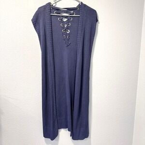 CHICO'S Size-1(M)1 Lace Back Maureen Sweater Sleeveless Cardigan Blue Sparkle